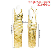 Thumbnail for Handmade Gold Silver Tone Glitter Squamous Sequins Patchwork Midi Dress - ArtGalleryZen