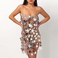Thumbnail for Handmade Gold Silver Tone Glitter Star Sequins Patchwork Mini Dress - ArtGalleryZen