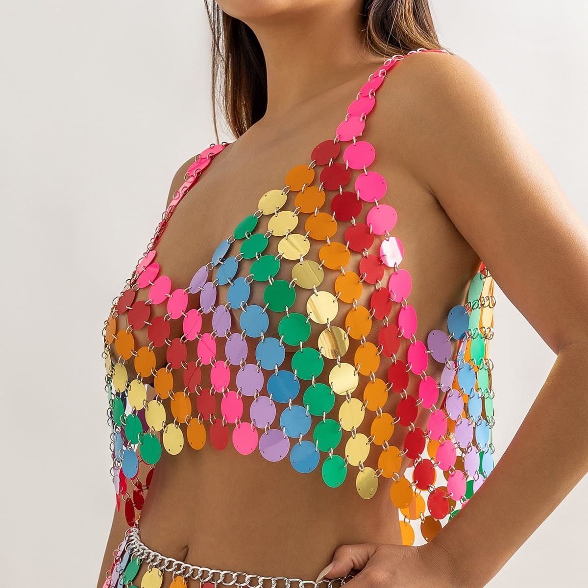 Handmade Rainbow Glitter Sequins Sleeveless Tank Top - ArtGalleryZen