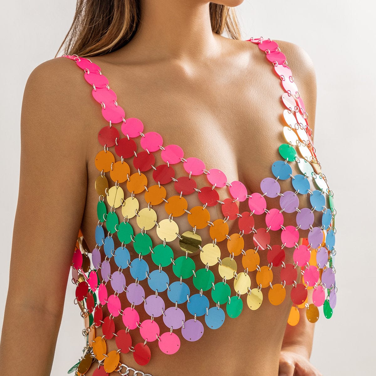 Handmade Rainbow Glitter Sequins Sleeveless Tank Top - ArtGalleryZen