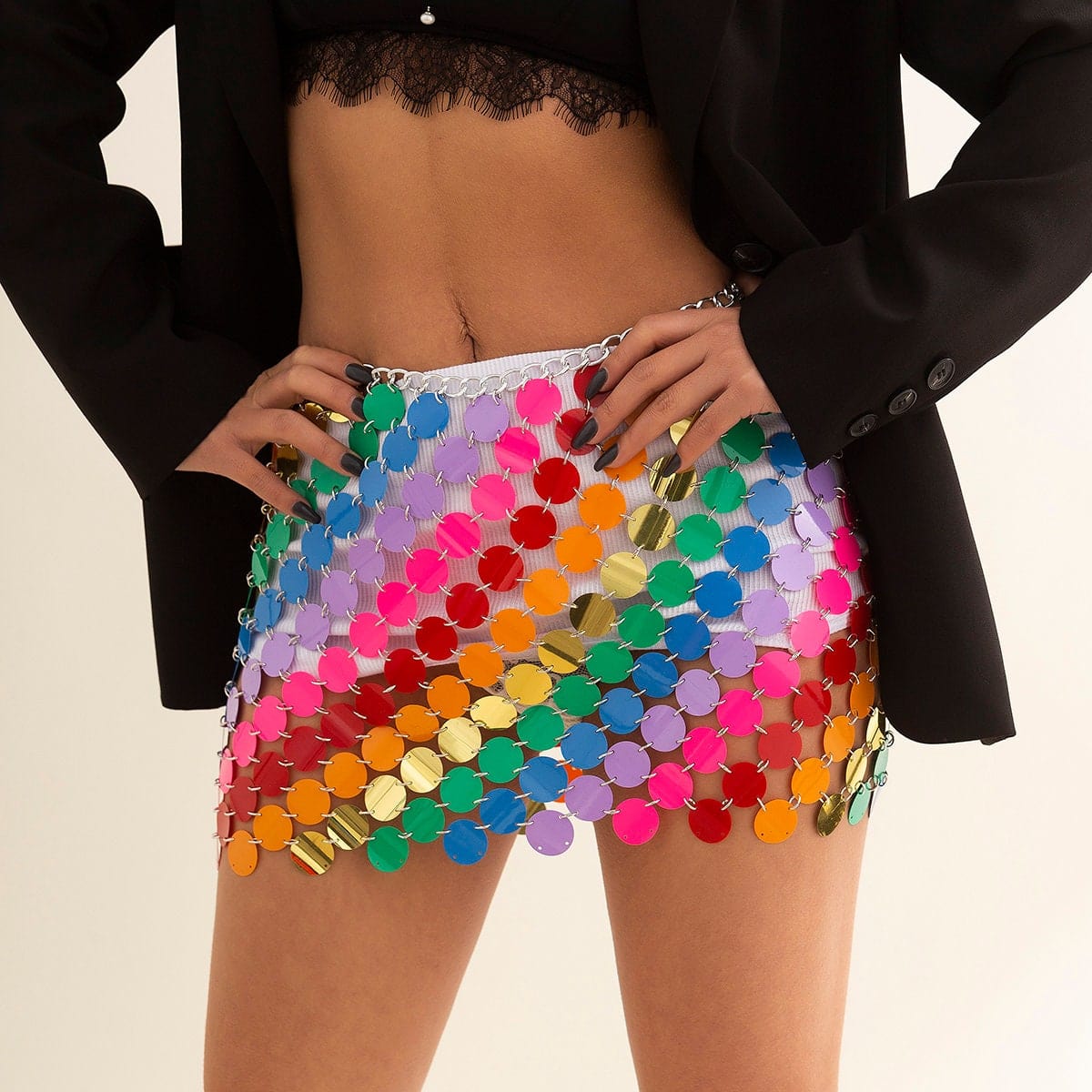 Handmade Rainbow Squamous Glitter Sequins Patchwork Strappy Nightclub Party Skirt - ArtGalleryZen