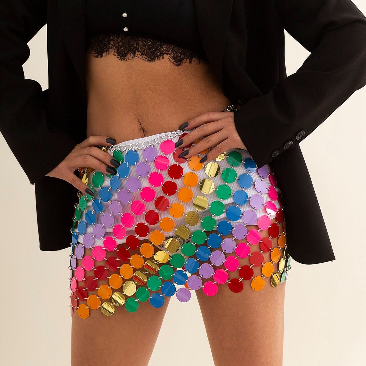 Handmade Rainbow Squamous Glitter Sequins Patchwork Strappy Nightclub Party Skirt - ArtGalleryZen