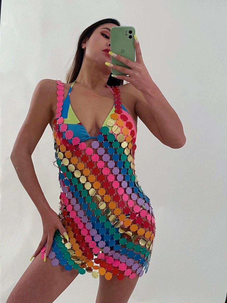 Handmade Rainbow Squamous Sequins Patchwork Nightclub Party Mini Dress - ArtGalleryZen