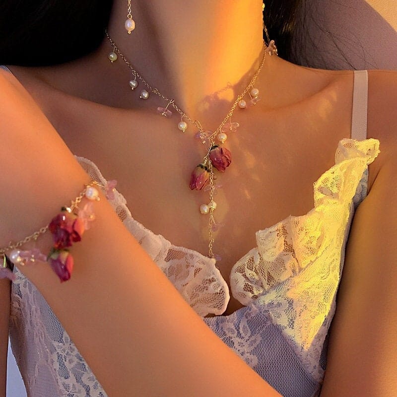 Handmade Real Dried Rosebud Crystal Floral Pearl Tassel Necklace Dangle Earrings Bracelet Set - ArtGalleryZen