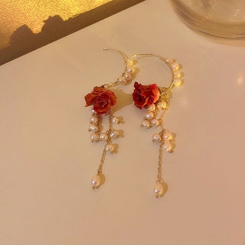Handmade Real Dried Rosebud Crystal Floral Pearl Tassel Necklace Dangle Earrings Bracelet Set - ArtGalleryZen