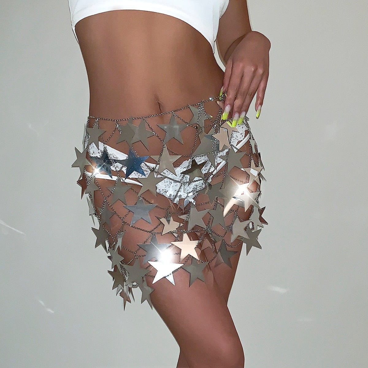 Handmade Squamous Hollow Glitter Star Sequins Strappy Rave Party Skirt - ArtGalleryZen