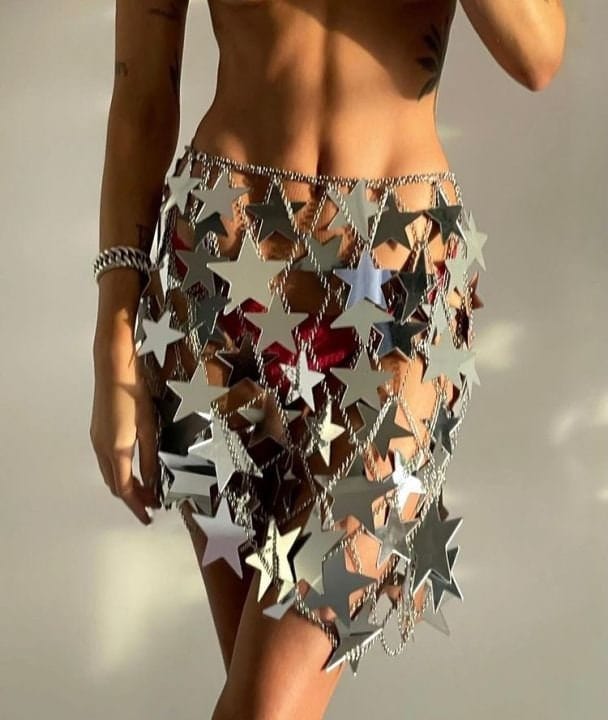 Handmade Squamous Hollow Glitter Star Sequins Strappy Rave Party Skirt - ArtGalleryZen