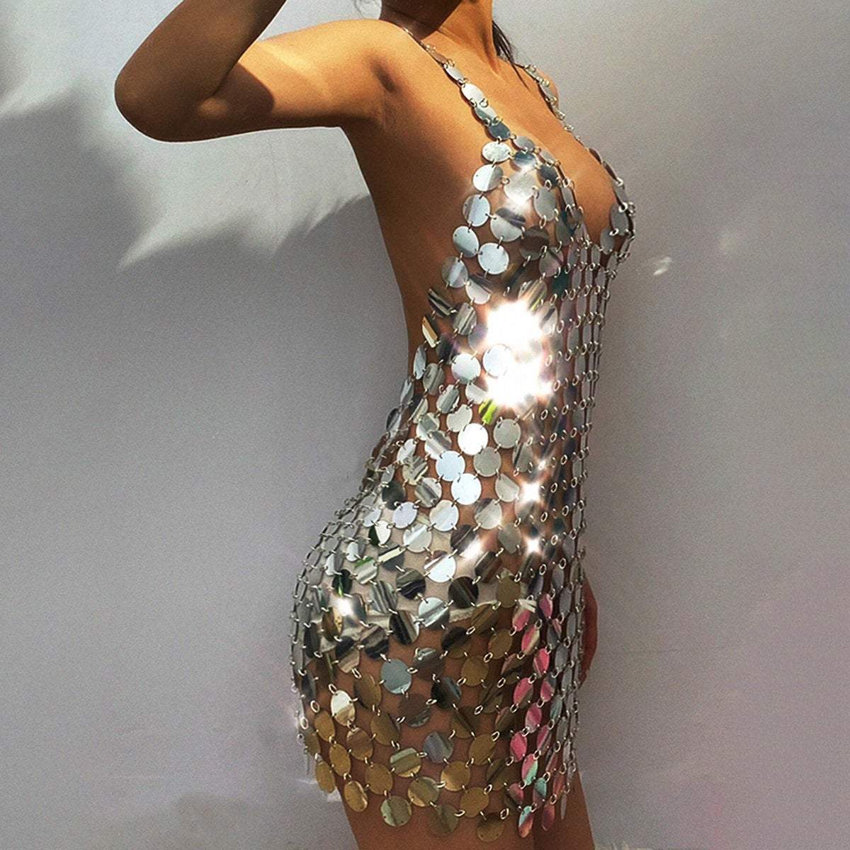Handmade squamous Sequins Patchwork Nightclub Party Dress - Sequin Tops Glitter Party Strappy Tank Top - ArtGalleryZen