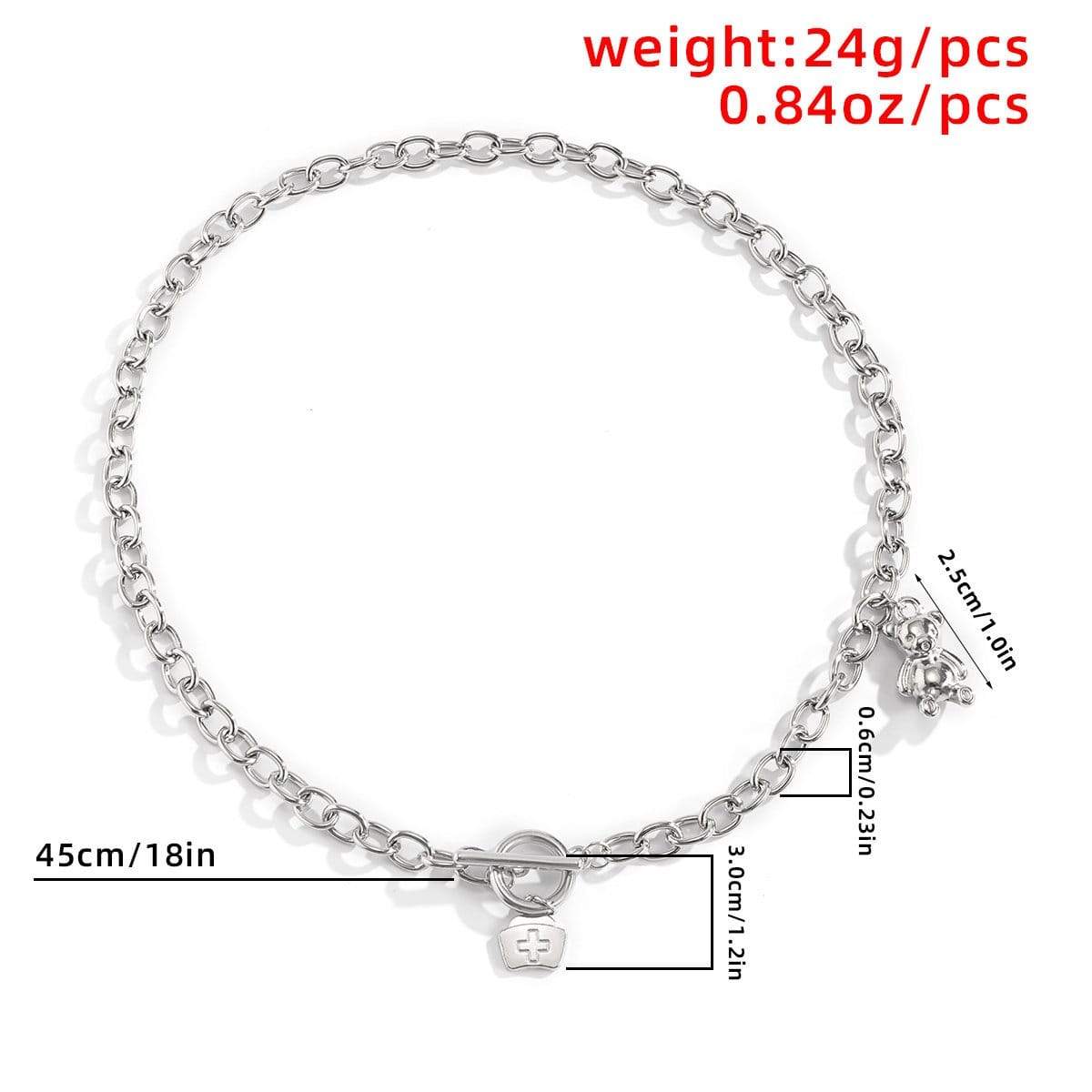 Hip Hop Silver Tone Toggle Clasp First-aid Kit & Bear Pendant Cable Link Chain Necklace - ArtGalleryZen