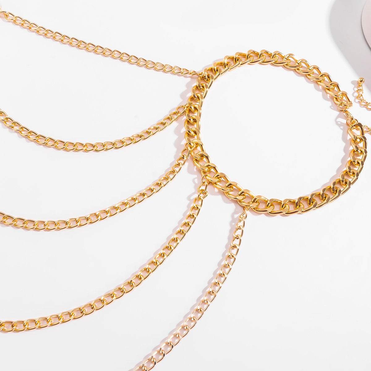 Layered Gold Silver Tone Curb Link Chain Tassel Shoulder Necklace - ArtGalleryZen