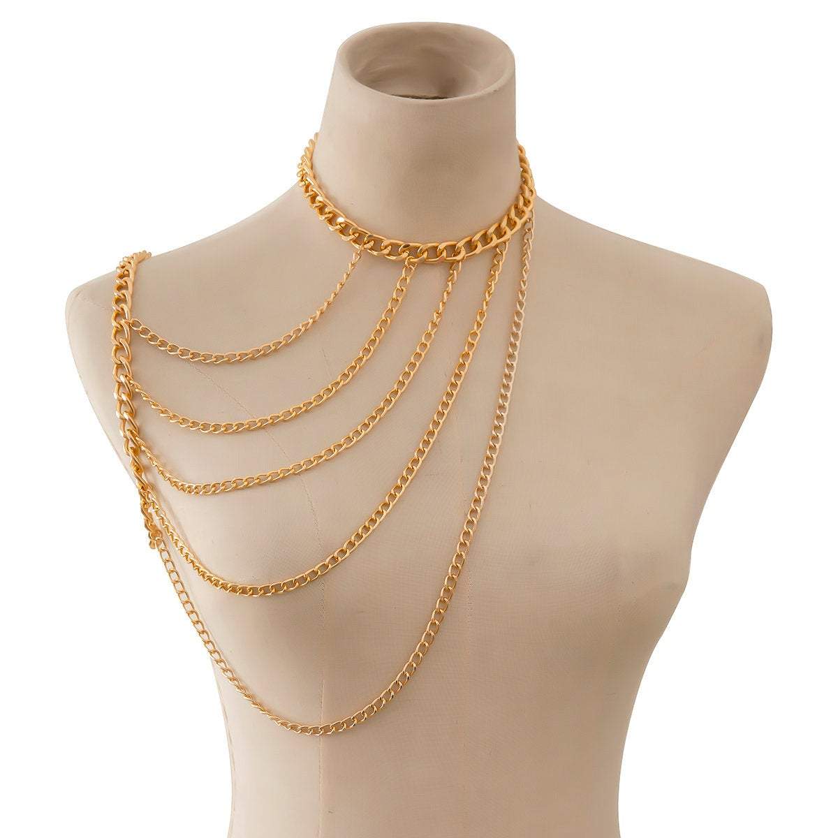Layered Gold Silver Tone Curb Link Chain Tassel Shoulder Necklace - ArtGalleryZen
