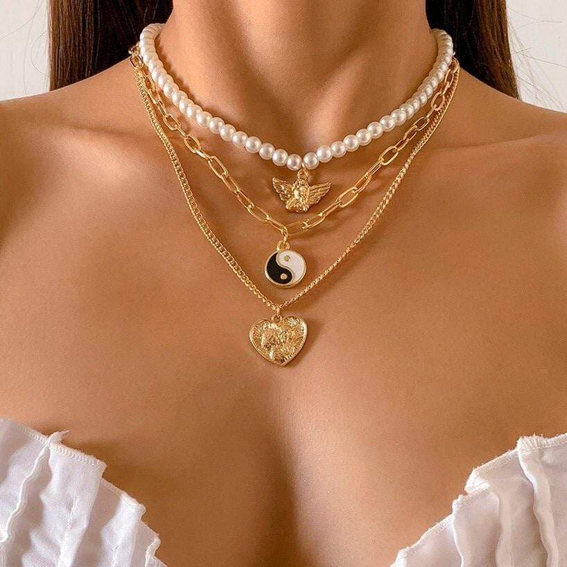 Layered Relief Heart Angel Wings Yin Yang Round Disk Pendant Curb Link Pearl Chain Choker Necklace Set - ArtGalleryZen