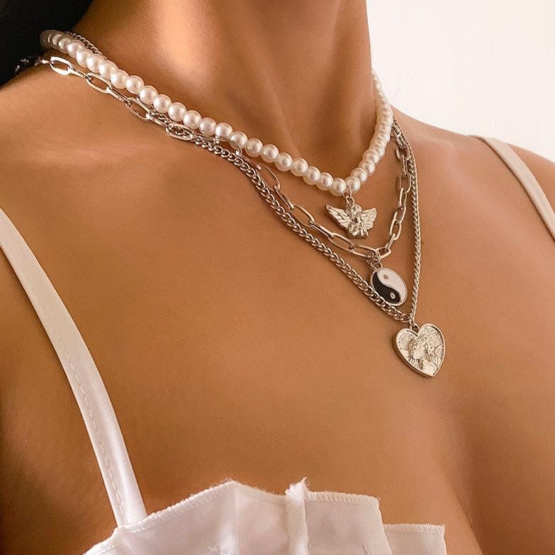 Layered Relief Heart Angel Wings Yin Yang Round Disk Pendant Curb Link Pearl Chain Choker Necklace Set - ArtGalleryZen