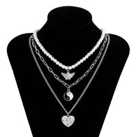Thumbnail for Layered Relief Heart Angel Wings Yin Yang Round Disk Pendant Curb Link Pearl Chain Choker Necklace Set - ArtGalleryZen