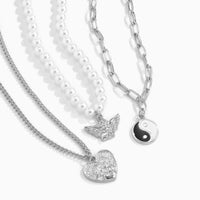Thumbnail for Layered Relief Heart Angel Wings Yin Yang Round Disk Pendant Curb Link Pearl Chain Choker Necklace Set - ArtGalleryZen