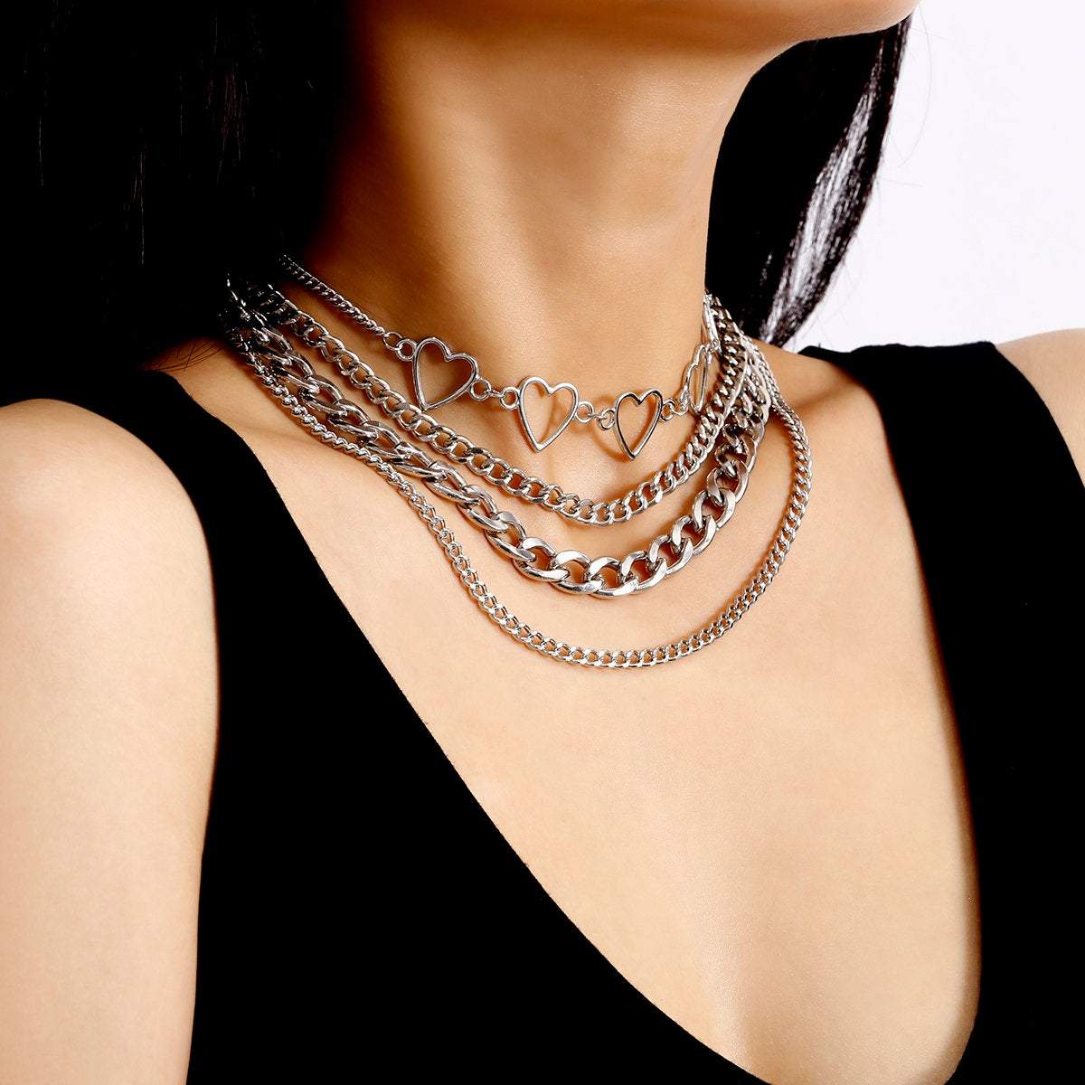 Minimalist 4 Pieces Silver Tone Curb Link Chain Choker Necklace - ArtGalleryZen