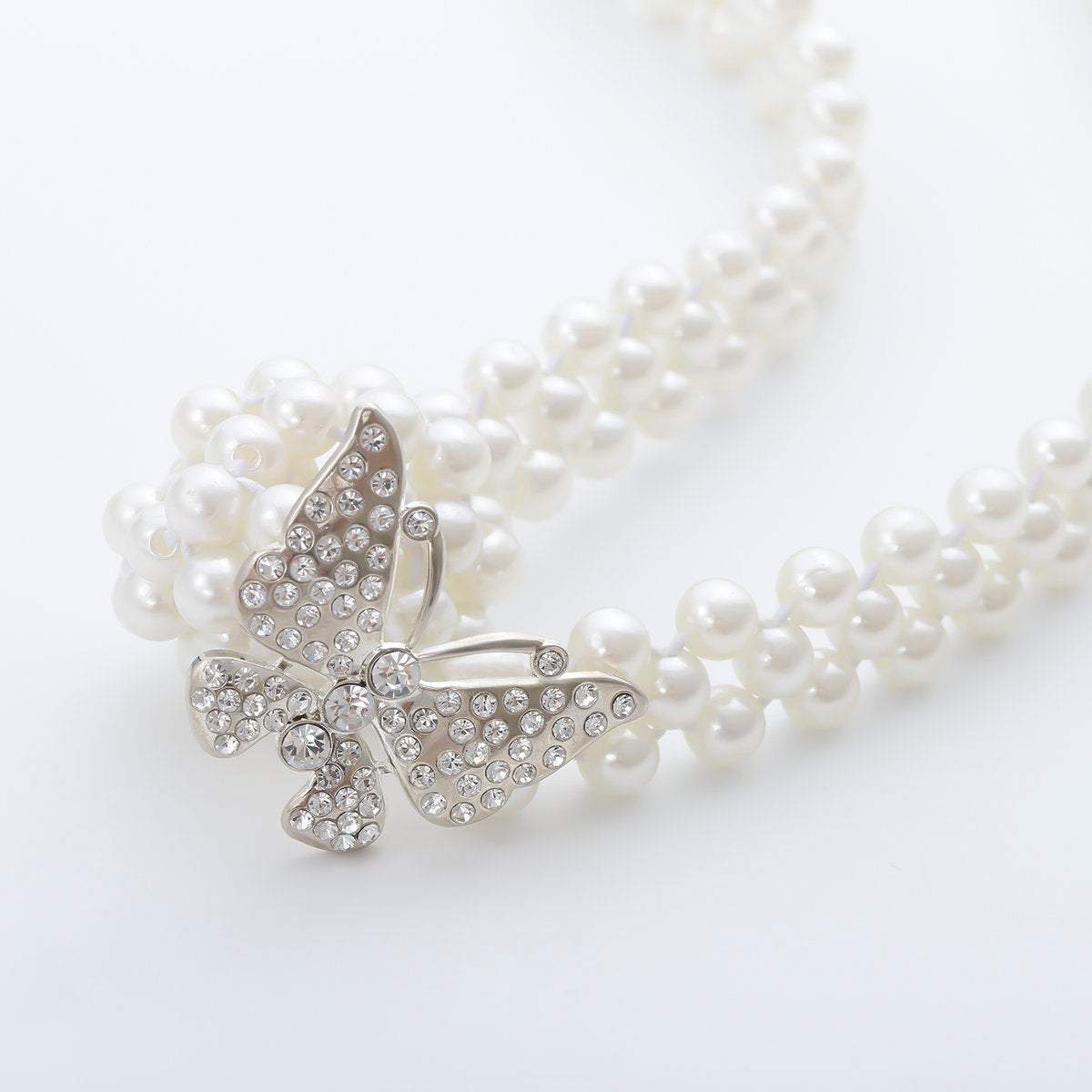 Minimalist Chic Silver Tone Crystal Inlaid Butterfly Beaded Pearl Waist Chain - ArtGalleryZen