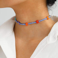 Thumbnail for Minimalist Colorful Seed Beaded Floral Choker Necklace - ArtGalleryZen
