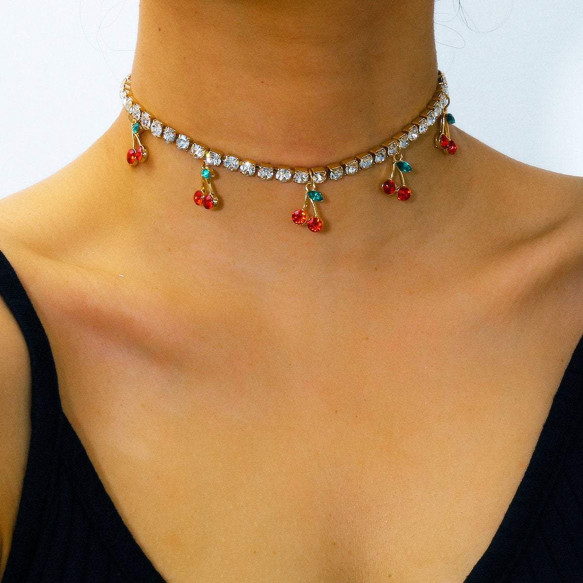 Minimalist Gold Silver Tone Crystal Inlaid Cherry Pendant Choker Necklace - ArtGalleryZen