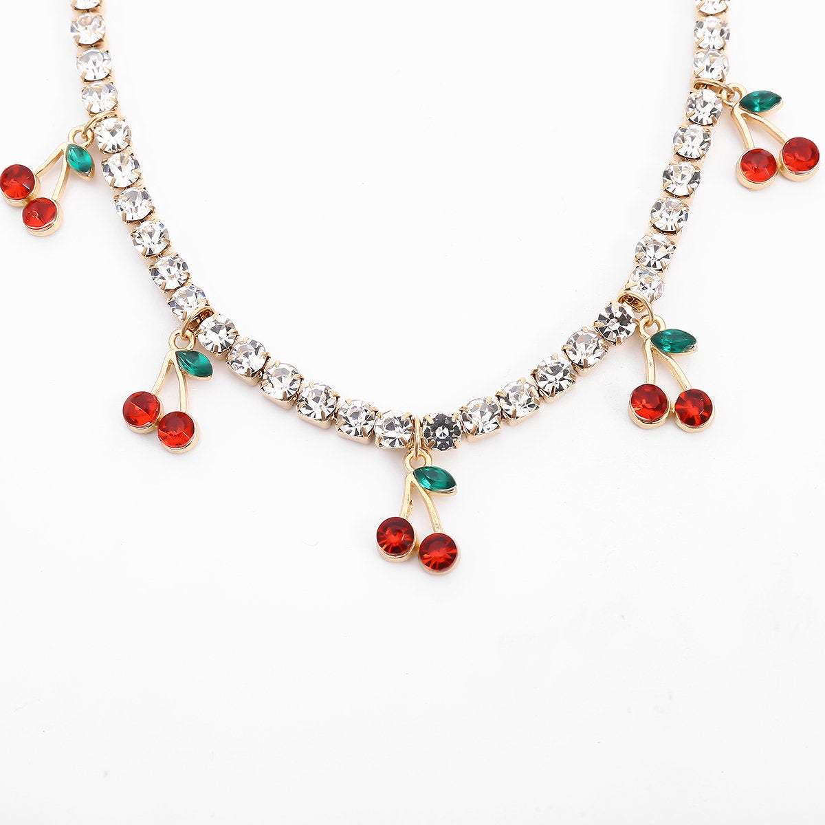 Minimalist Gold Silver Tone Crystal Inlaid Cherry Pendant Choker Necklace - ArtGalleryZen