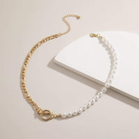 Thumbnail for Minimalist Gold Silver Tone Toggle Clasp Pearl Chain Choker Necklace - ArtGalleryZen