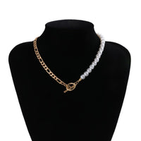 Thumbnail for Minimalist Gold Silver Tone Toggle Clasp Pearl Chain Choker Necklace - ArtGalleryZen