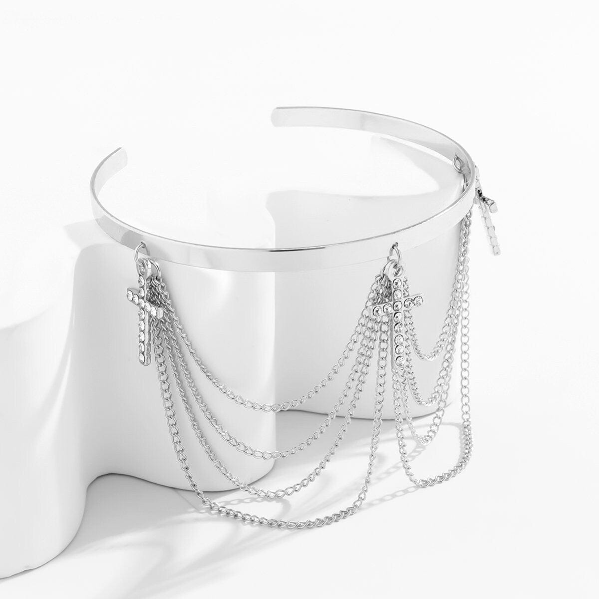 Minimalist Layered CZ Inlaid Cross Chain Tassel Arm Cuff - ArtGalleryZen
