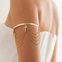Thumbnail for Minimalist Layered CZ Inlaid Cross Chain Tassel Arm Cuff - ArtGalleryZen