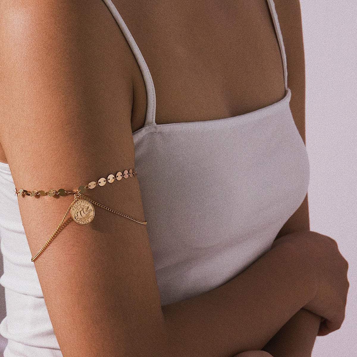 Minimalist Layered Relief Coin Pendant Sequins Arm Cuff - Chic Gold Silver Tone Sequins Chain Cuff Bracelet - Layered Upper Arm Band - ArtGalleryZen