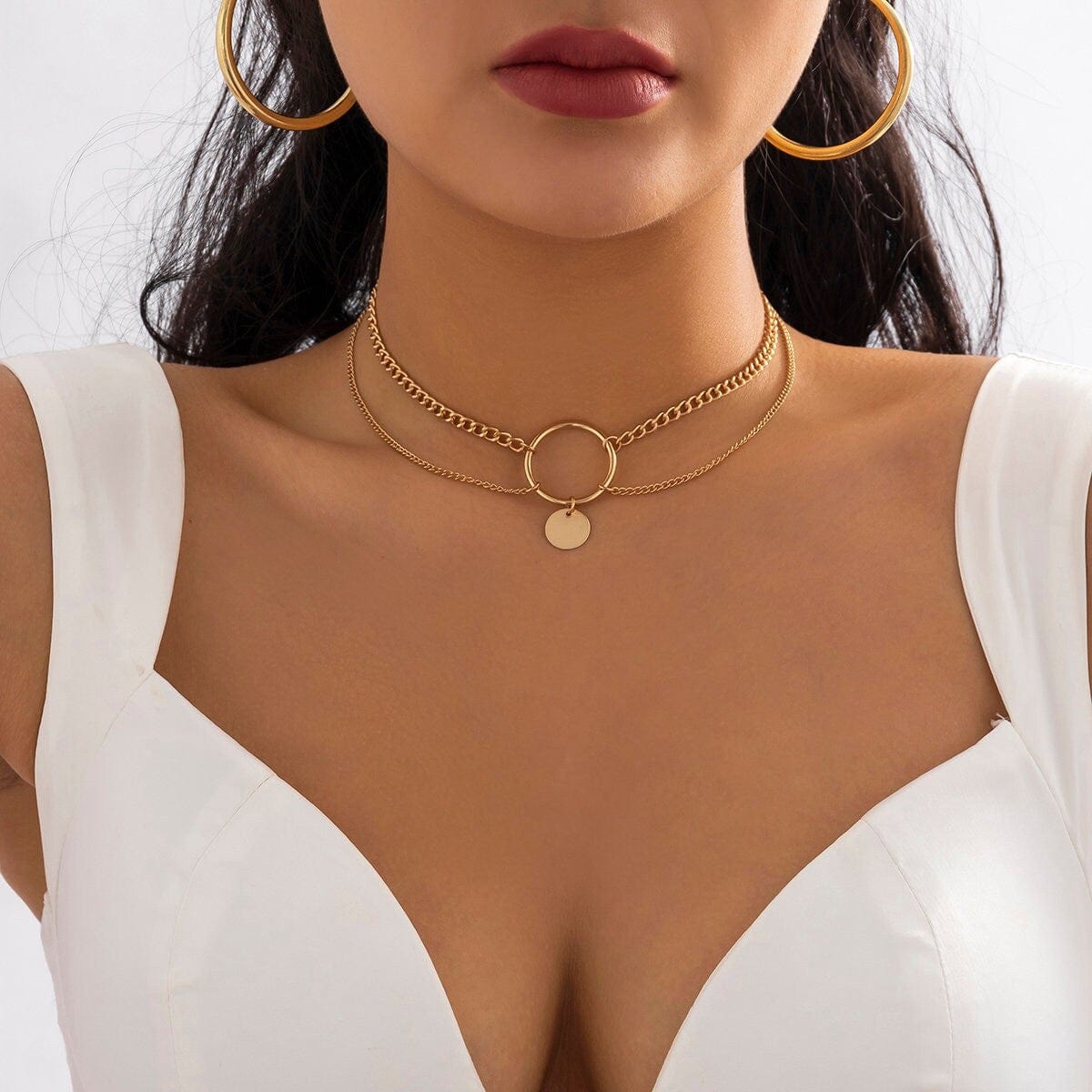 Minimalist Layered Sequin Ring Charm Choker Necklace - ArtGalleryZen