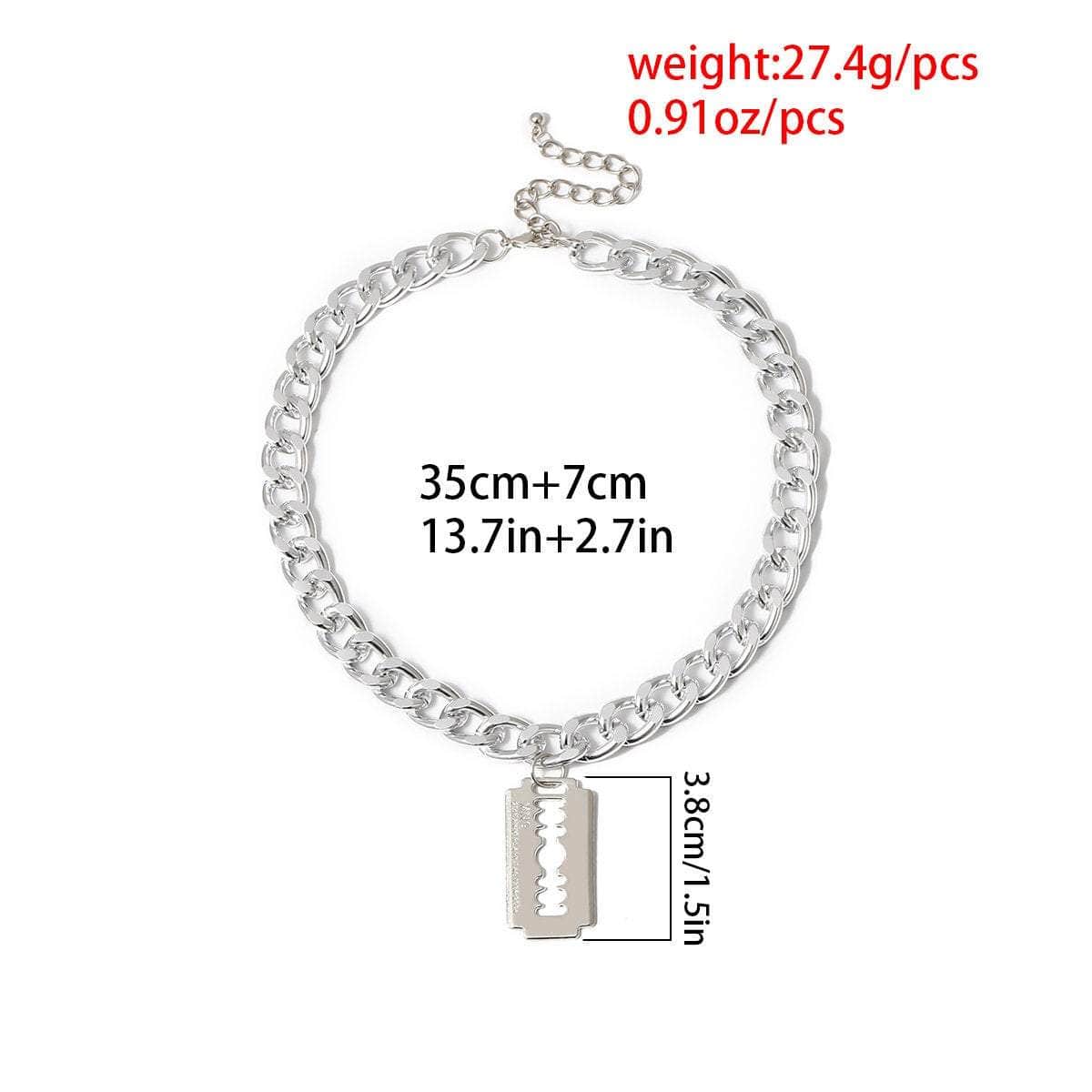 Minimalist Silver Tone Curve Link Chain Razor Blade Pendant Necklace - ArtGalleryZen