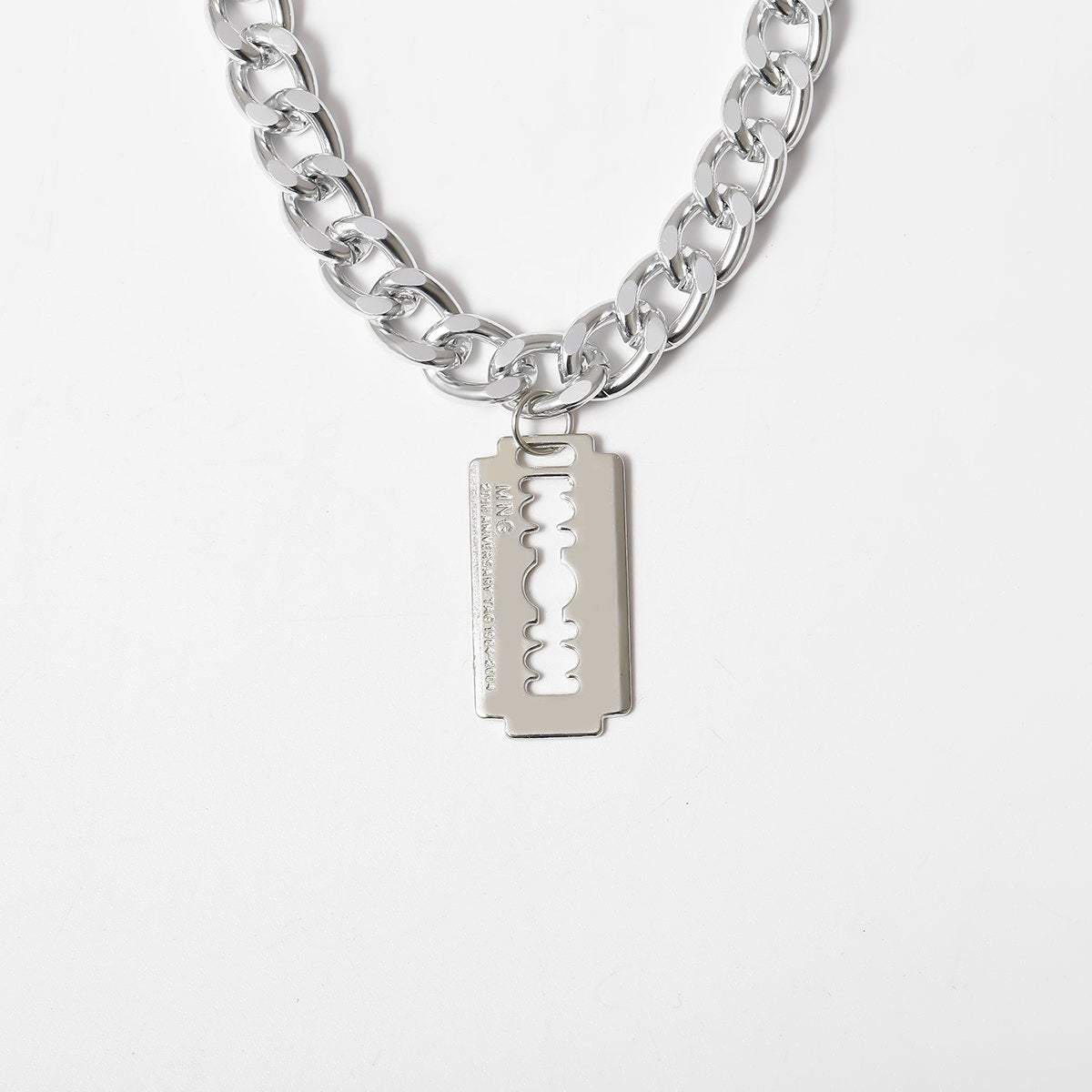 Minimalist Silver Tone Curve Link Chain Razor Blade Pendant Necklace - ArtGalleryZen