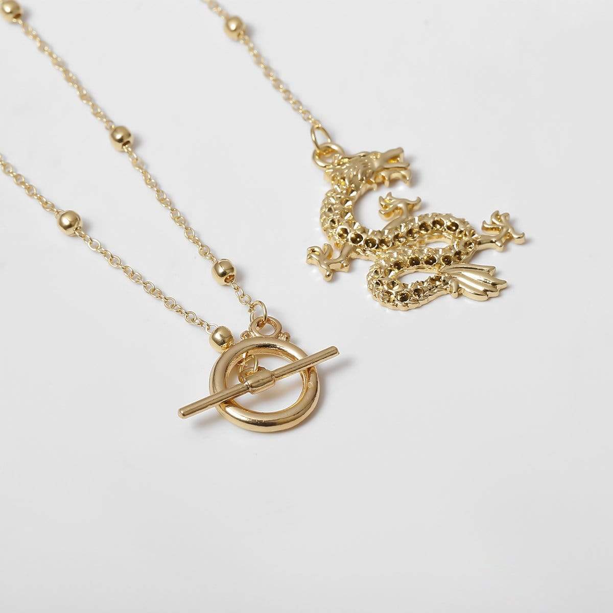 Multi-layer Gold Silver Tone Beaded Long Chain Rhinestone Inlaid Dragon Pendant Choker Necklace Set - ArtGalleryZen