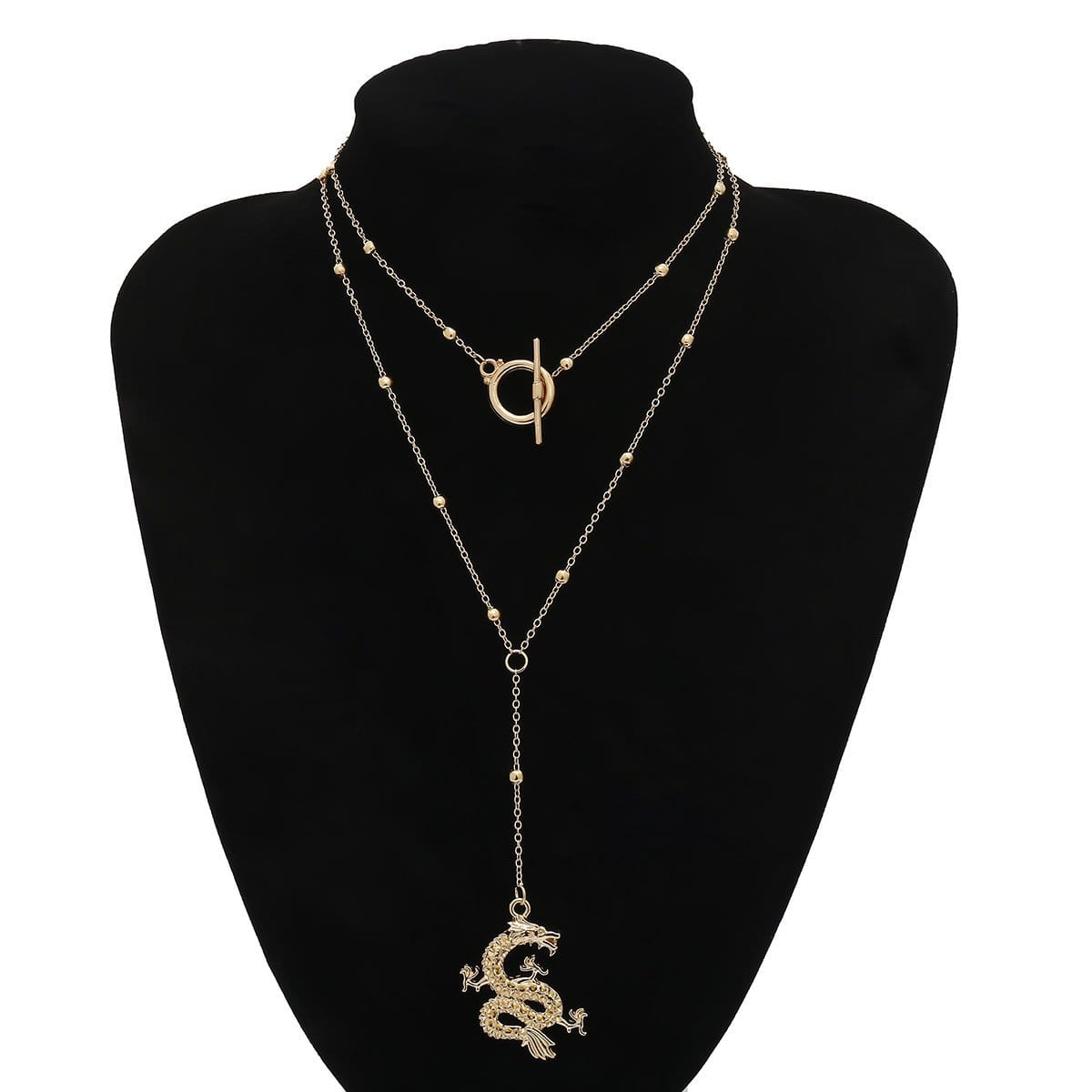 Multi-layer Gold Silver Tone Beaded Long Chain Rhinestone Inlaid Dragon Pendant Choker Necklace Set - ArtGalleryZen