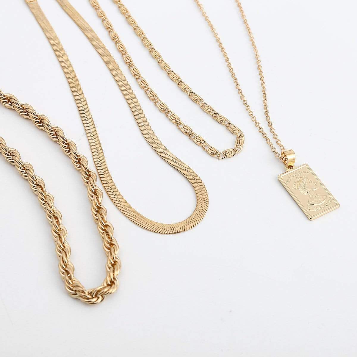 Multi-Layer Gold Silver Tone Embossed Rectangle Charm Pendant Rope Chain Choker Necklace Set - ArtGalleryZen