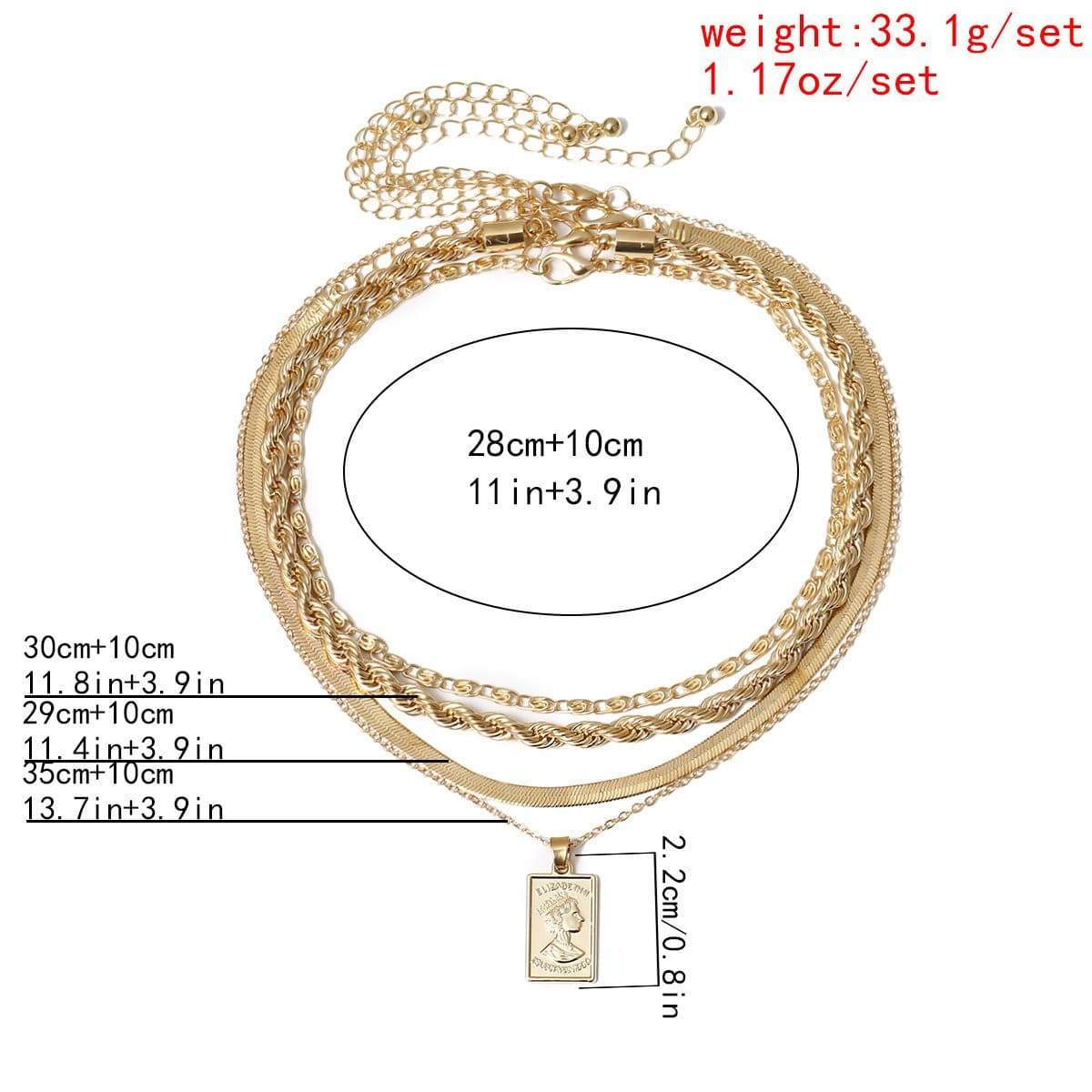 Multi-Layer Gold Silver Tone Embossed Rectangle Charm Pendant Rope Chain Choker Necklace Set - ArtGalleryZen