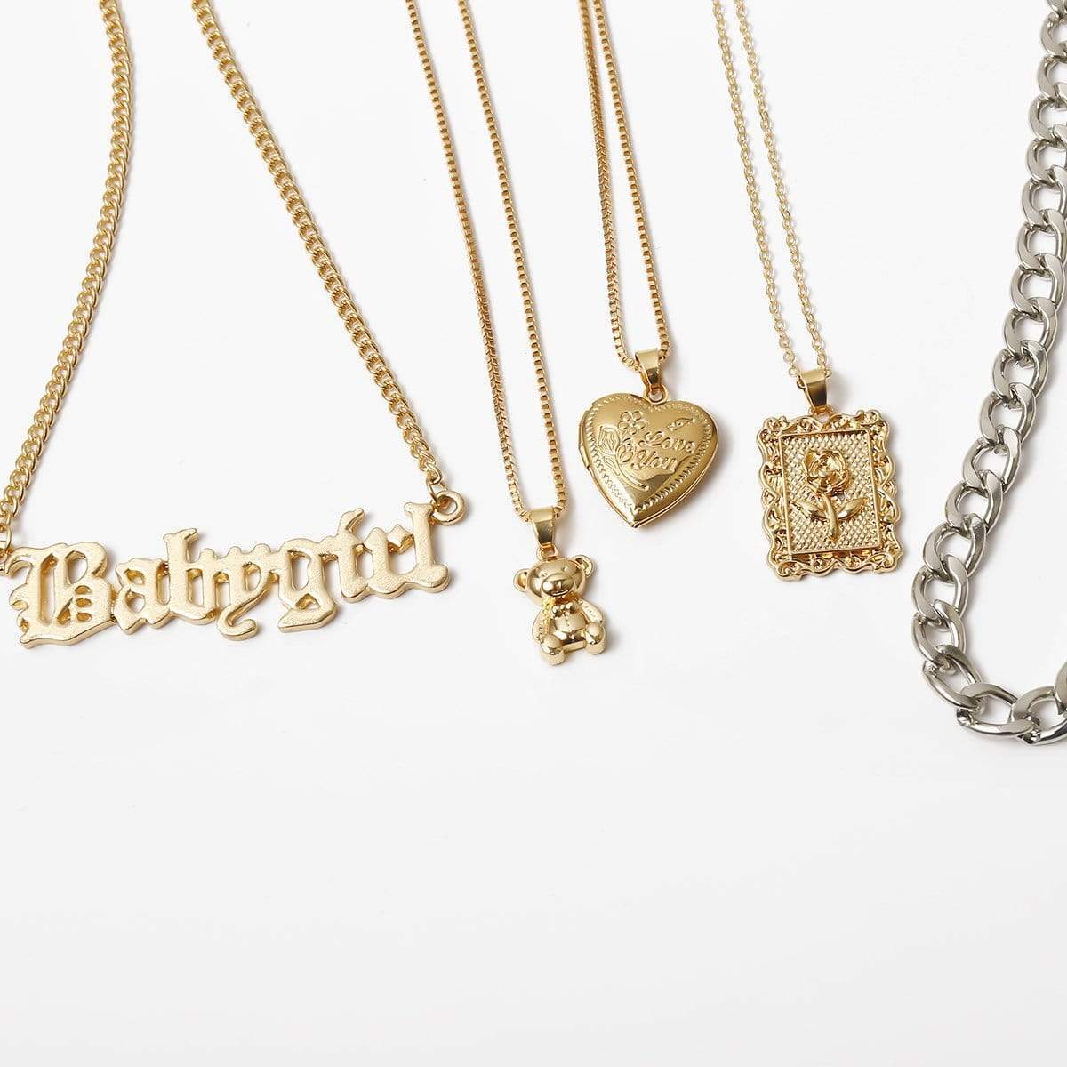 Multi-layer Gold Silver Tone Heart Locket Teddy Bear Charm Pendant Choker Necklace - ArtGalleryZen