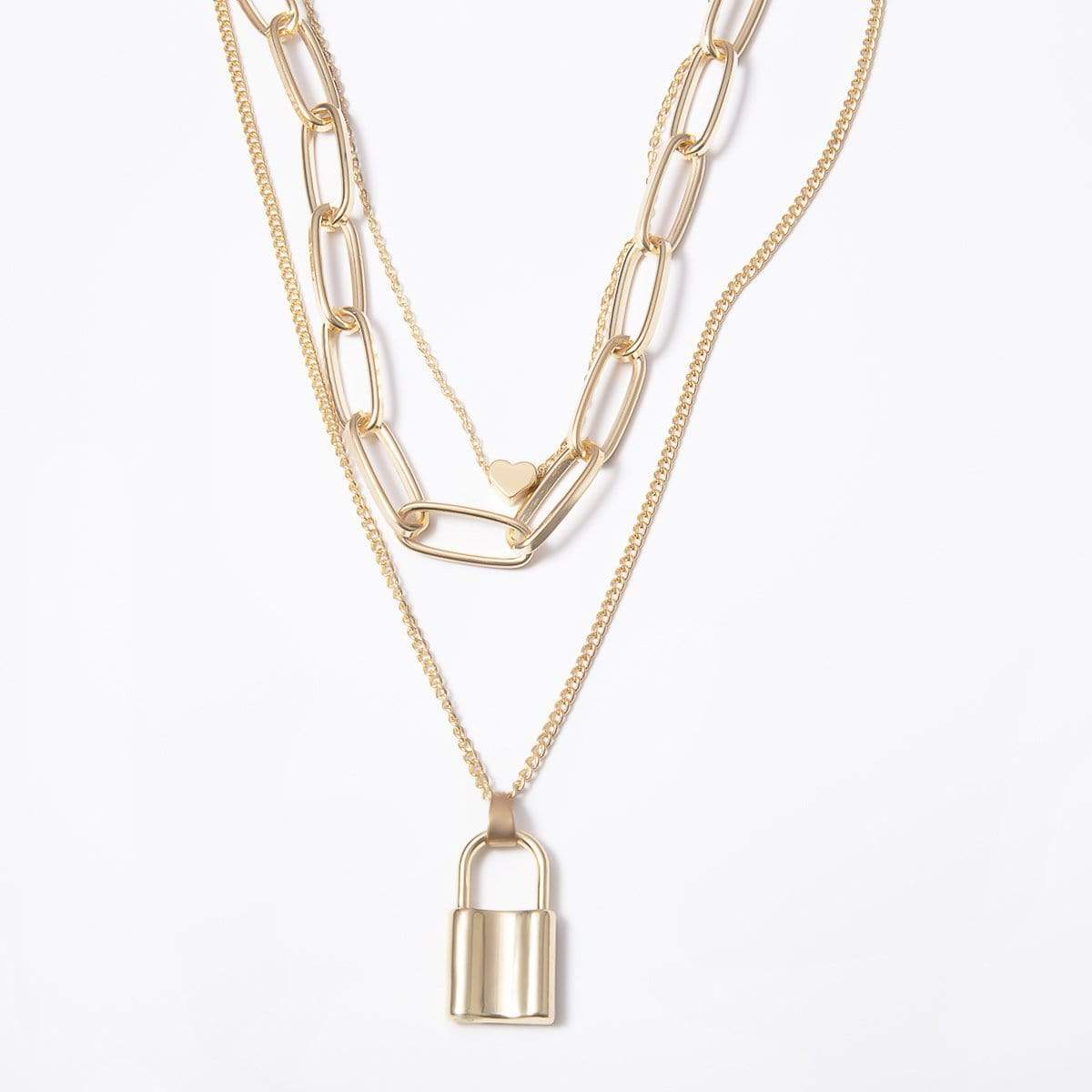 Multi-Layer Gold Silver Tone Lock and Heart Charm Choker Necklace - ArtGalleryZen