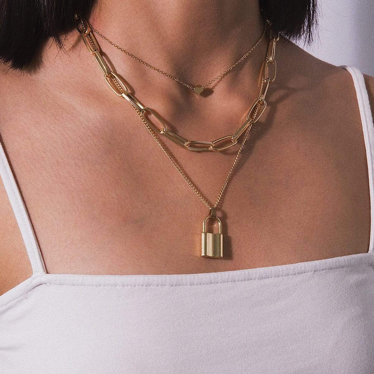 Multi-Layer Gold Silver Tone Lock and Heart Charm Choker Necklace - ArtGalleryZen