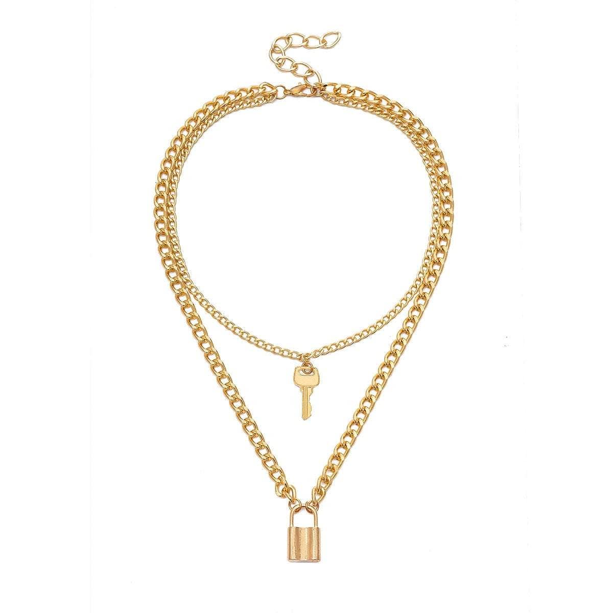 Multi-Layer Gold Silver Tone Lock and Key Pendant Choker Necklace - ArtGalleryZen