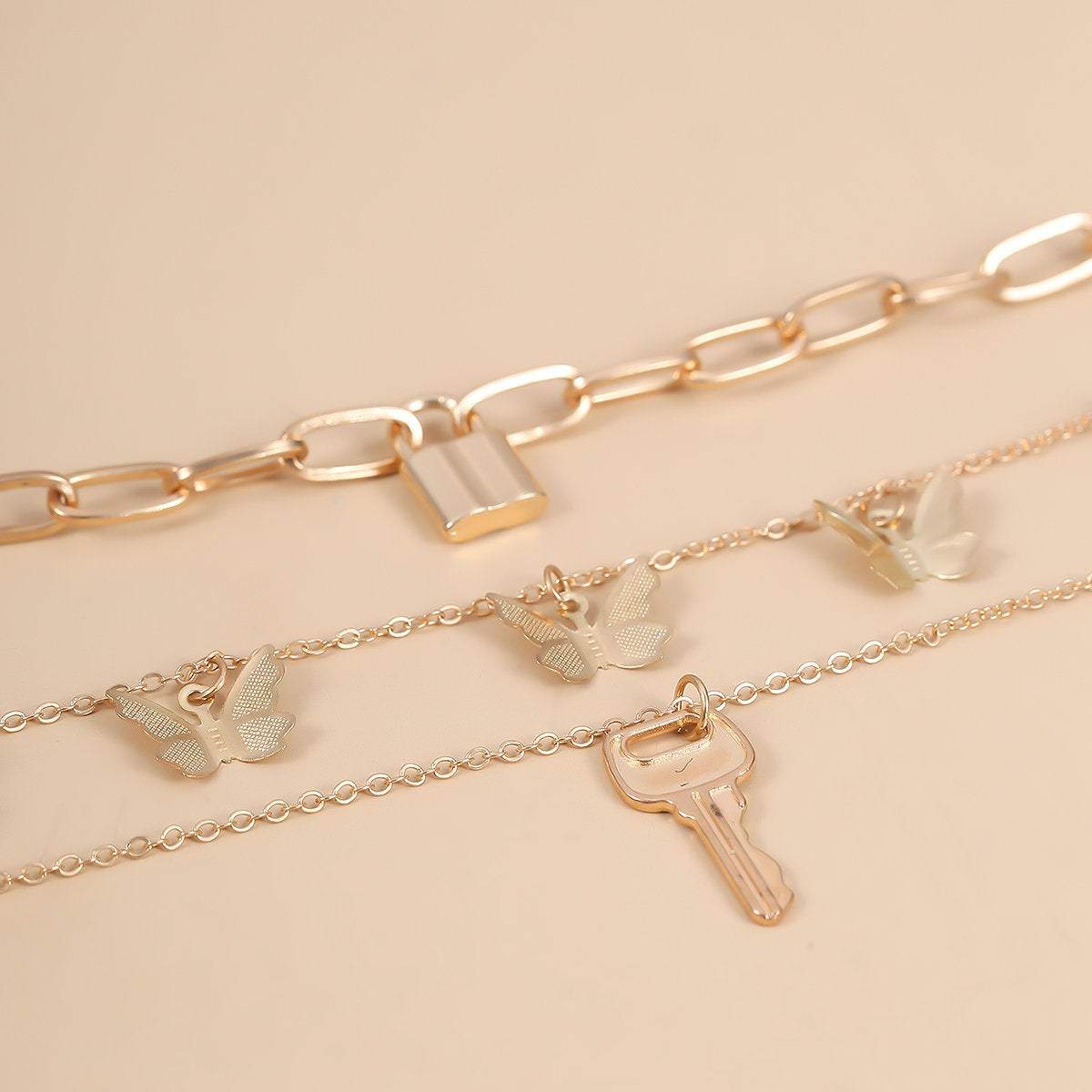 Multi-layer Gold Silver Tone Lock & Key Pendant Butterfly Tassel Choker Necklace - ArtGalleryZen