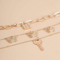 Thumbnail for Multi-layer Gold Silver Tone Lock & Key Pendant Butterfly Tassel Choker Necklace - ArtGalleryZen
