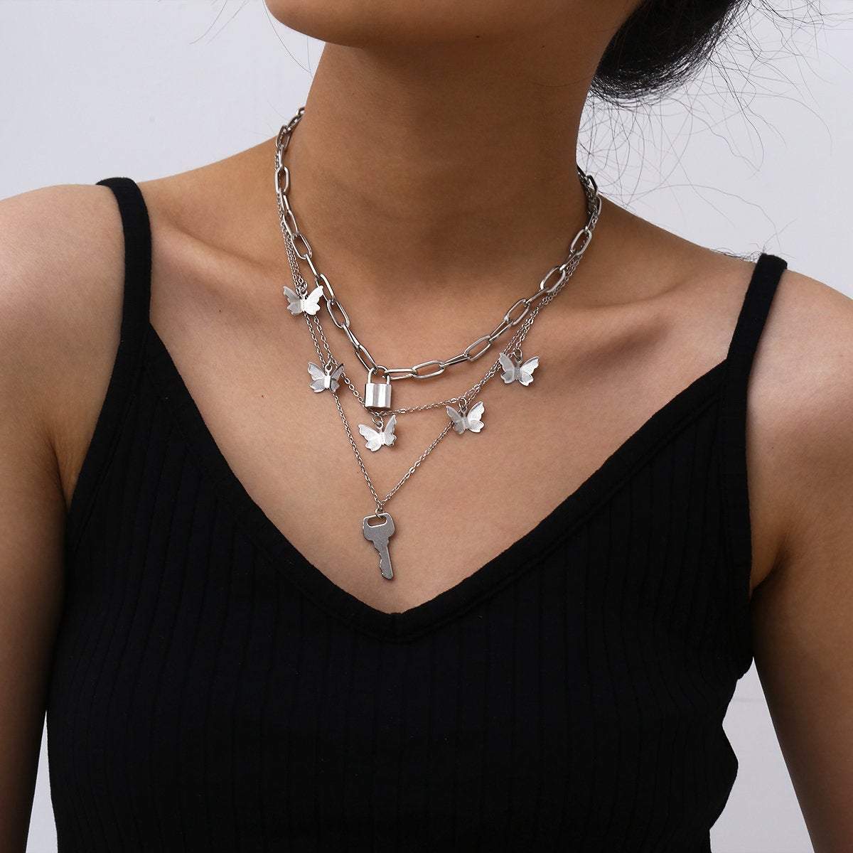 Silver Butterfly Padlock Pendant Necklace
