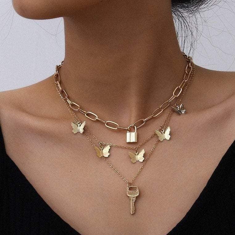 Multi-layer Gold Silver Tone Lock & Key Pendant Butterfly Tassel Choker Necklace - ArtGalleryZen