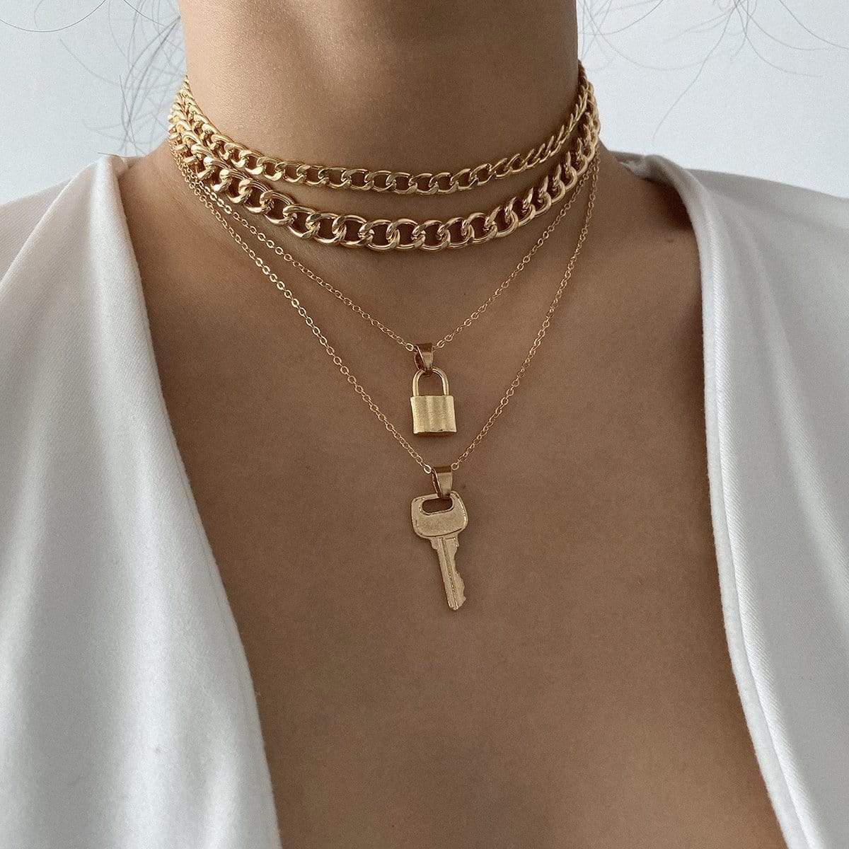 Multi-layer Gold Tone Curb Link Chain Lock & Key Pendant Choker Necklace Set - ArtGalleryZen