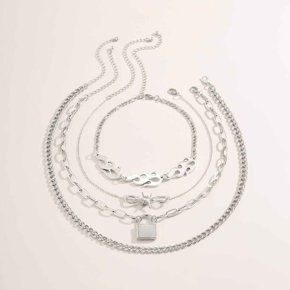 Multi-layer Silver Tone Lock & Bow Charm Pendant Fire Flame Cool Choker Necklace Set - ArtGalleryZen