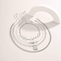 Thumbnail for Multi-layer Silver Tone Lock & Bow Charm Pendant Fire Flame Cool Choker Necklace Set - ArtGalleryZen