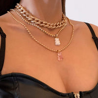 Thumbnail for Multi-layered Crystal Inlaid Bear Pendant Ball Box Cuban Chain Choker Necklace Set - ArtGalleryZen