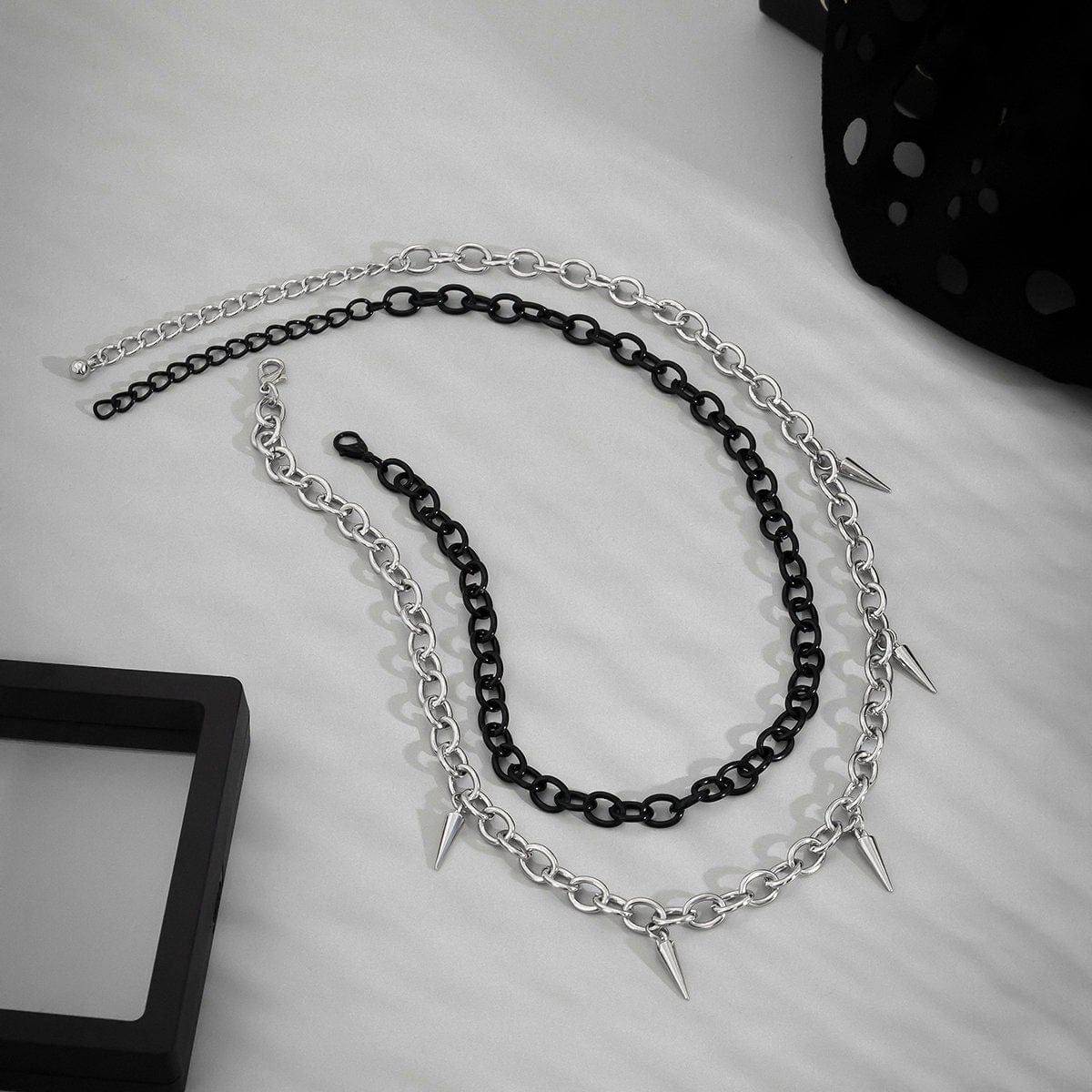 Punk Layered Spike Tassel Cable Chain Choker Necklace Set - ArtGalleryZen