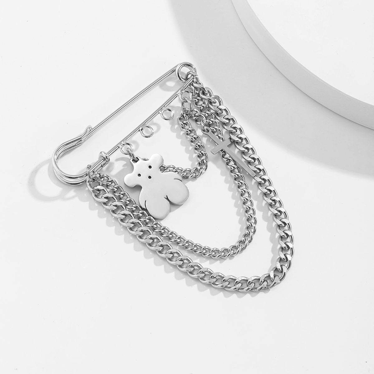 Stainless Steel Bear & Cross Pendant Curb Link Chain Pin Brooch - ArtGalleryZen